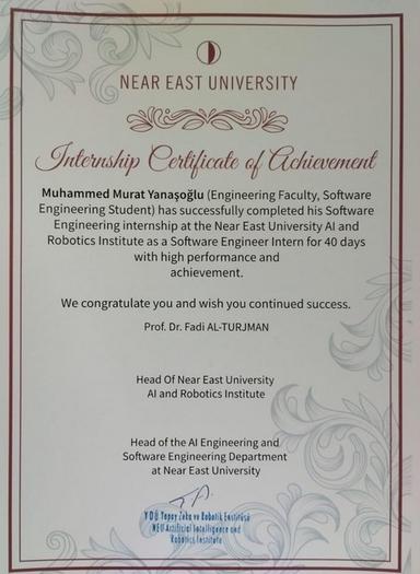 Internship High Success Certificate – Near East University AI & Robotics Institute