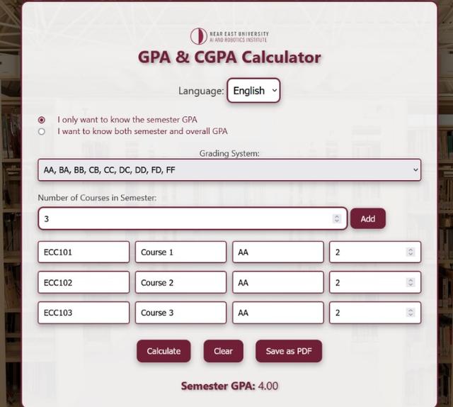 Near East University GPA & CGPA Calculator